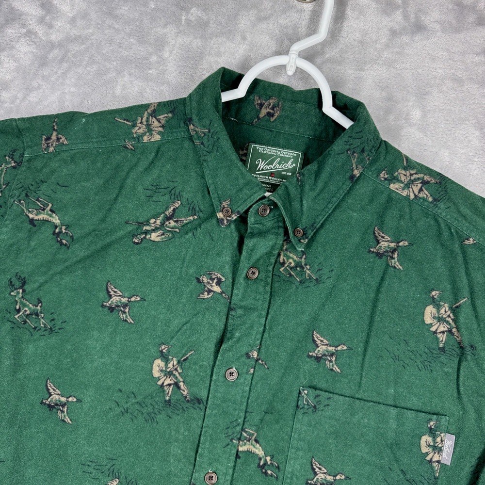 Vintage WOOLRICH Hunting Print Flannel Shirt Men 2XL Green Duck Deer Button Down